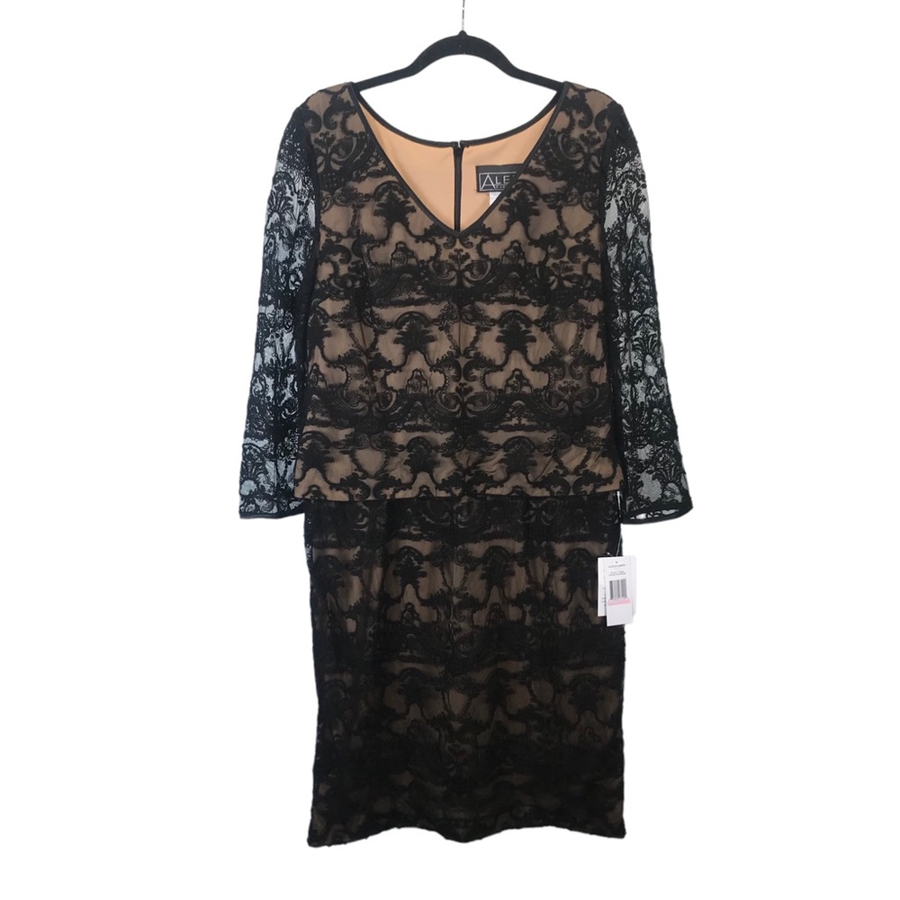 NWT Alex Evenings Black Lace Midi Dress Evening Gown Cocktail 10